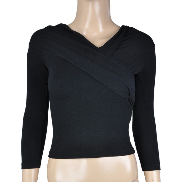 Cottura Tops - Cottura Long Sleeve V Neck Ruched Black Top Shirt